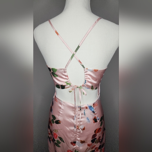 SHEIN Floral Draped Crisscross Tie Back Satin Cami Dress. Size: Small - Picture 6 of 12